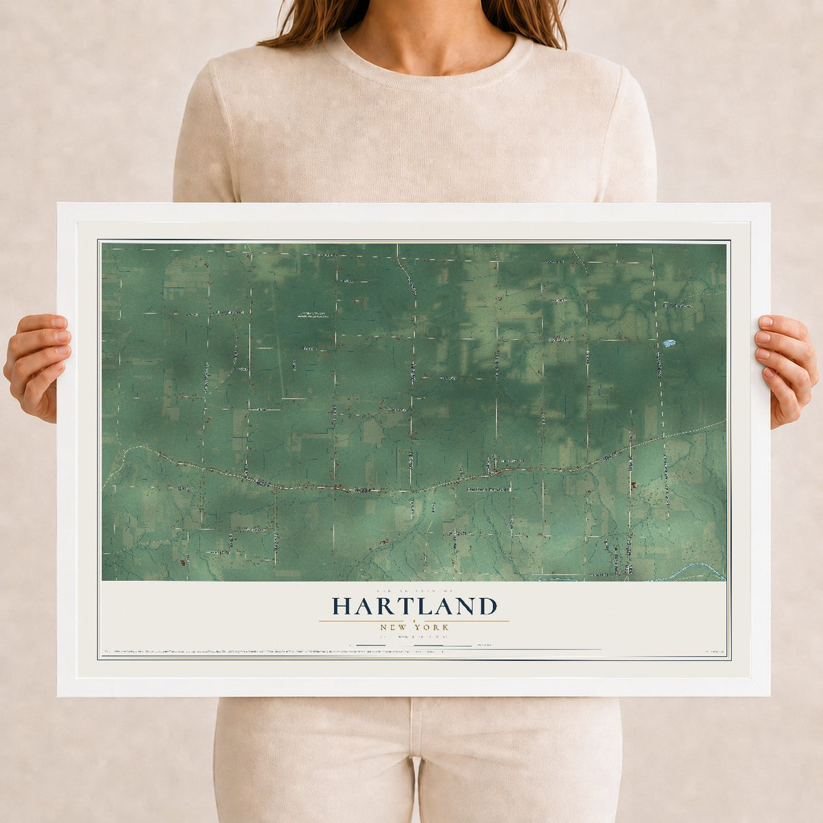 Hartland, New York map print, 12" x 18" W/ White Ayous Wood Frame mockup