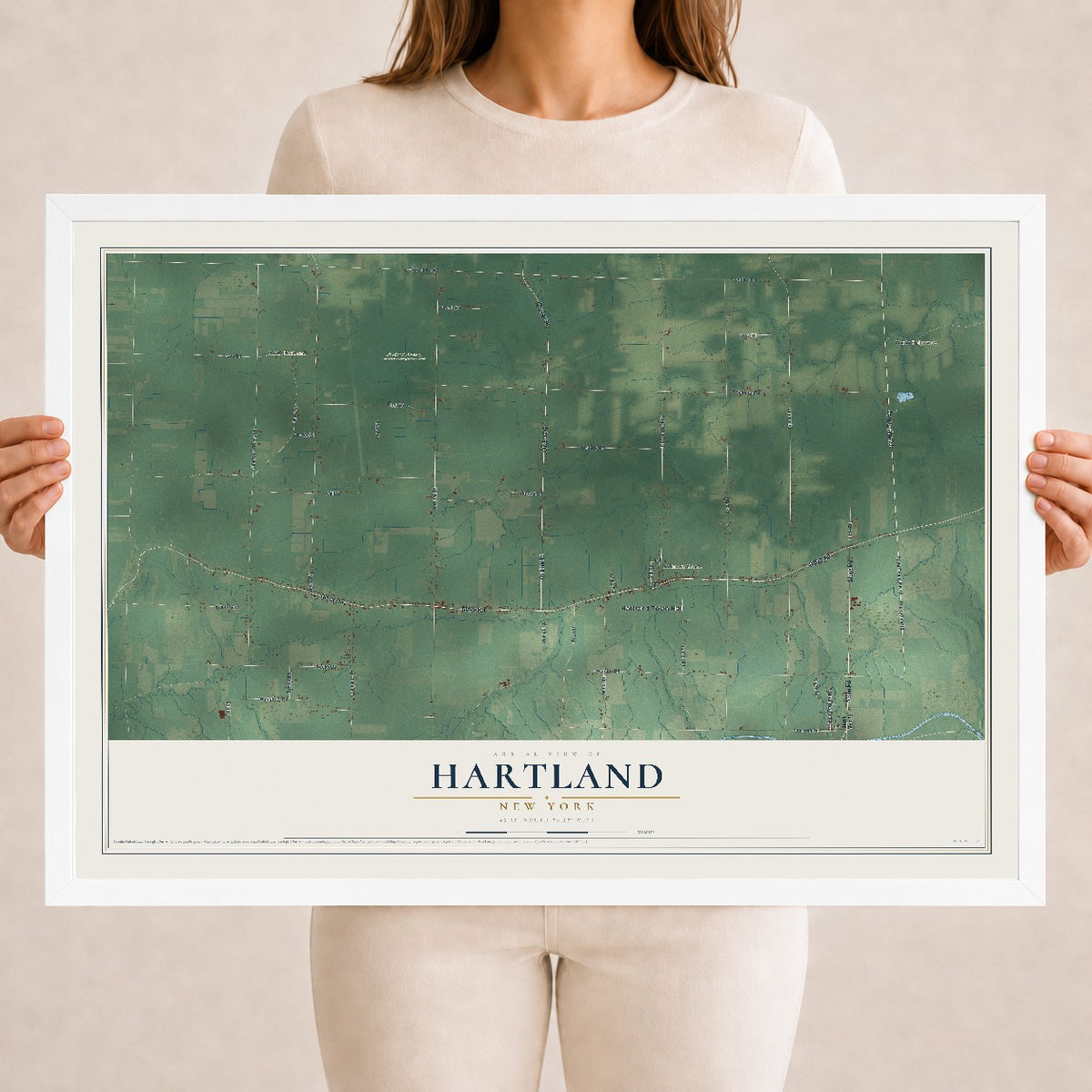 Hartland, New York map print, 18" x 24" W/ White Ayous Wood Frame mockup