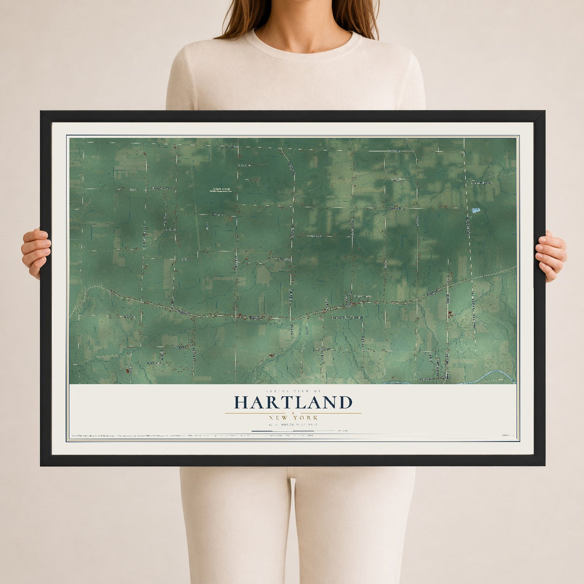 Hartland, New York map print, 24" x 36" W/ Black Ayous Wood Frame mockup