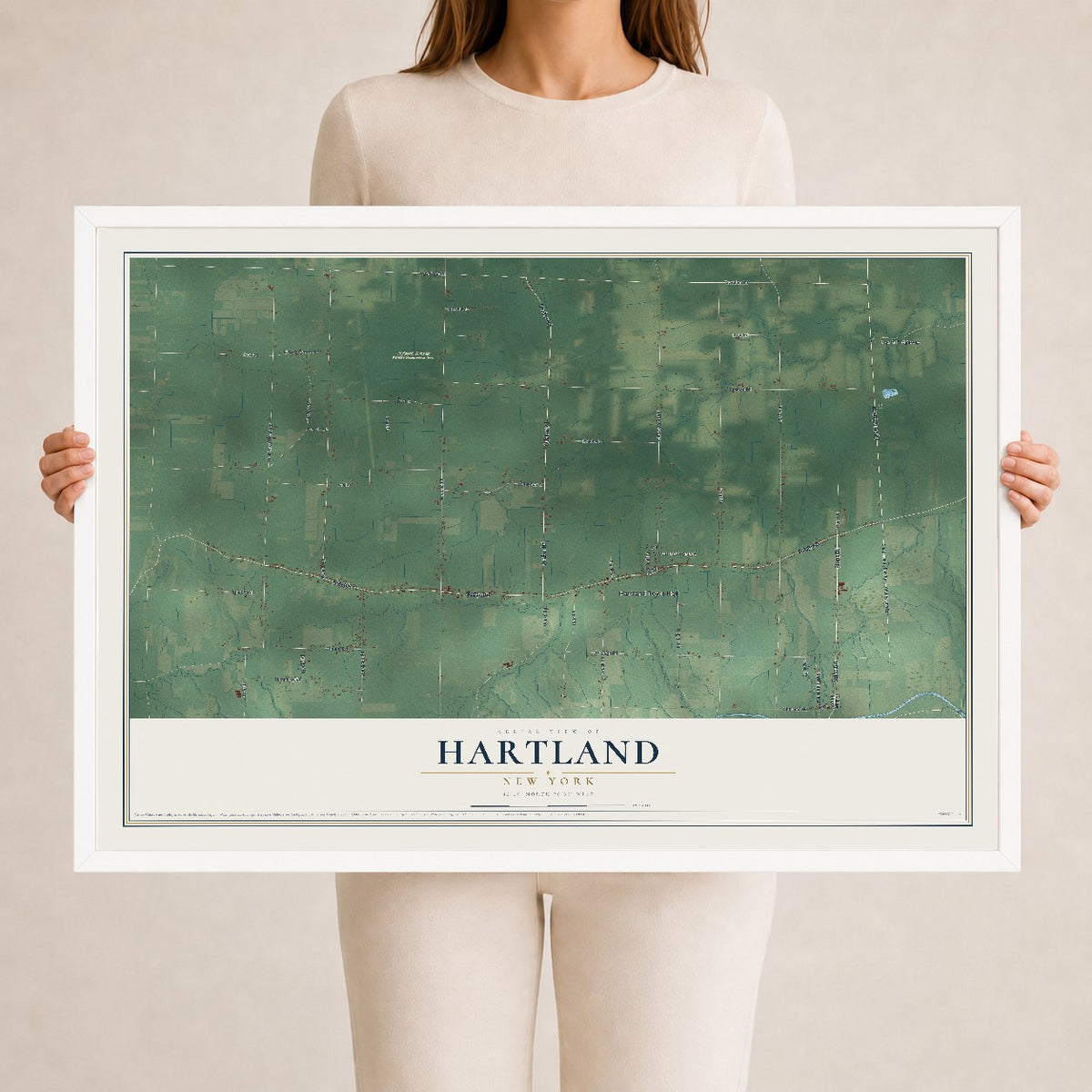 Hartland, New York map print, 24" x 36" W/ White Ayous Wood Frame mockup