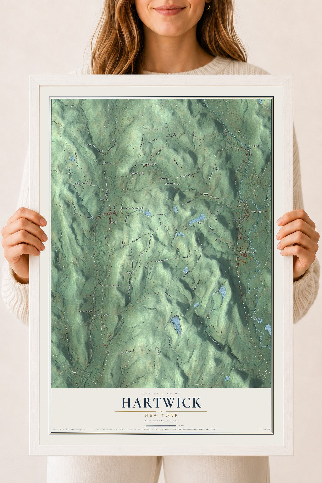 Hartwick, New York map print, 18" x 24" W/ White Ayous Wood Frame mockup