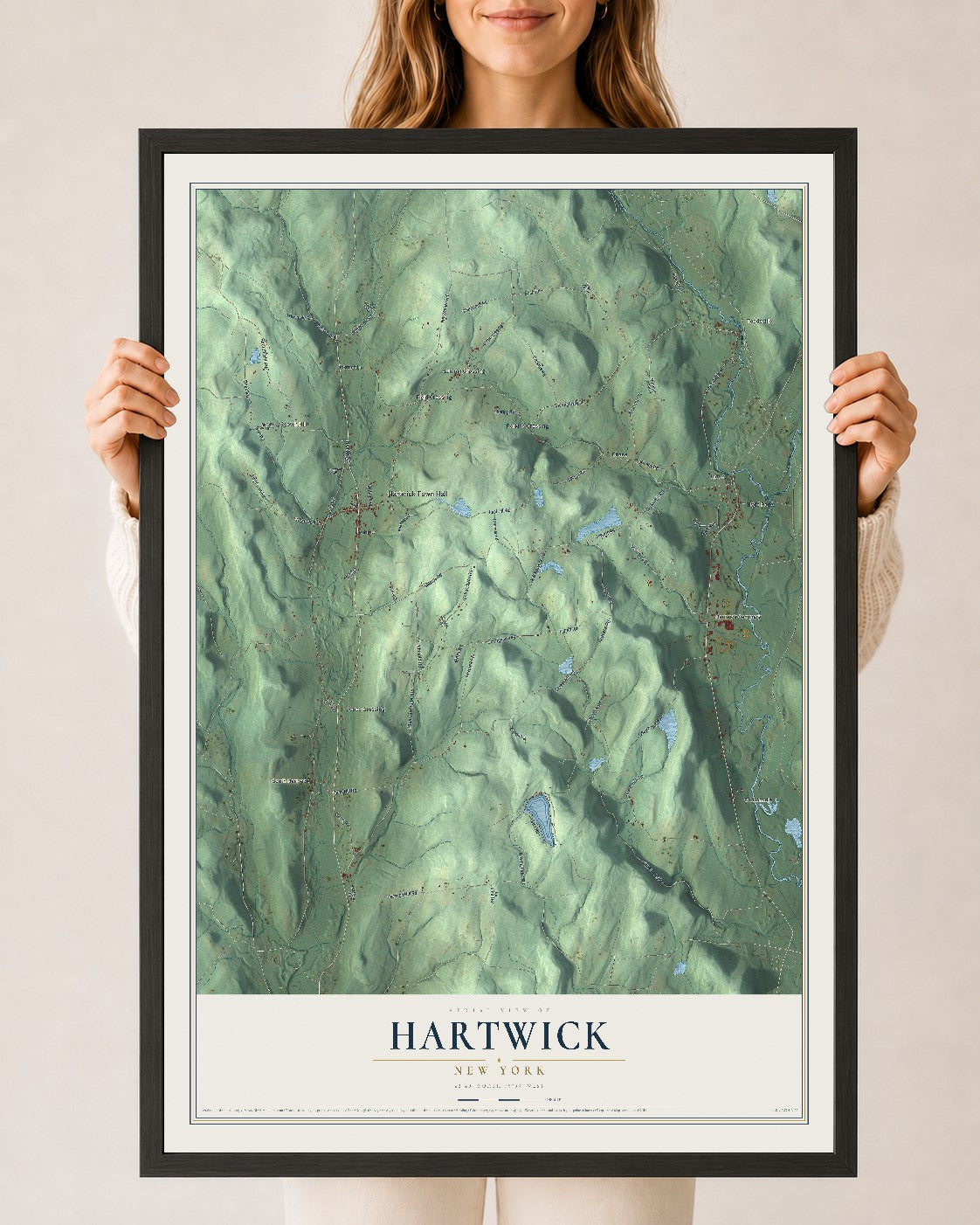 Hartwick, New York map print, 24" x 36" W/ Black Ayous Wood Frame mockup
