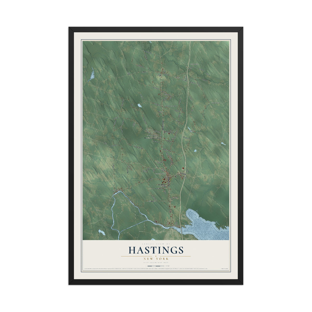 Hastings, New York map print, 12" x 18" W/ Black Ayous Wood Frame mockup