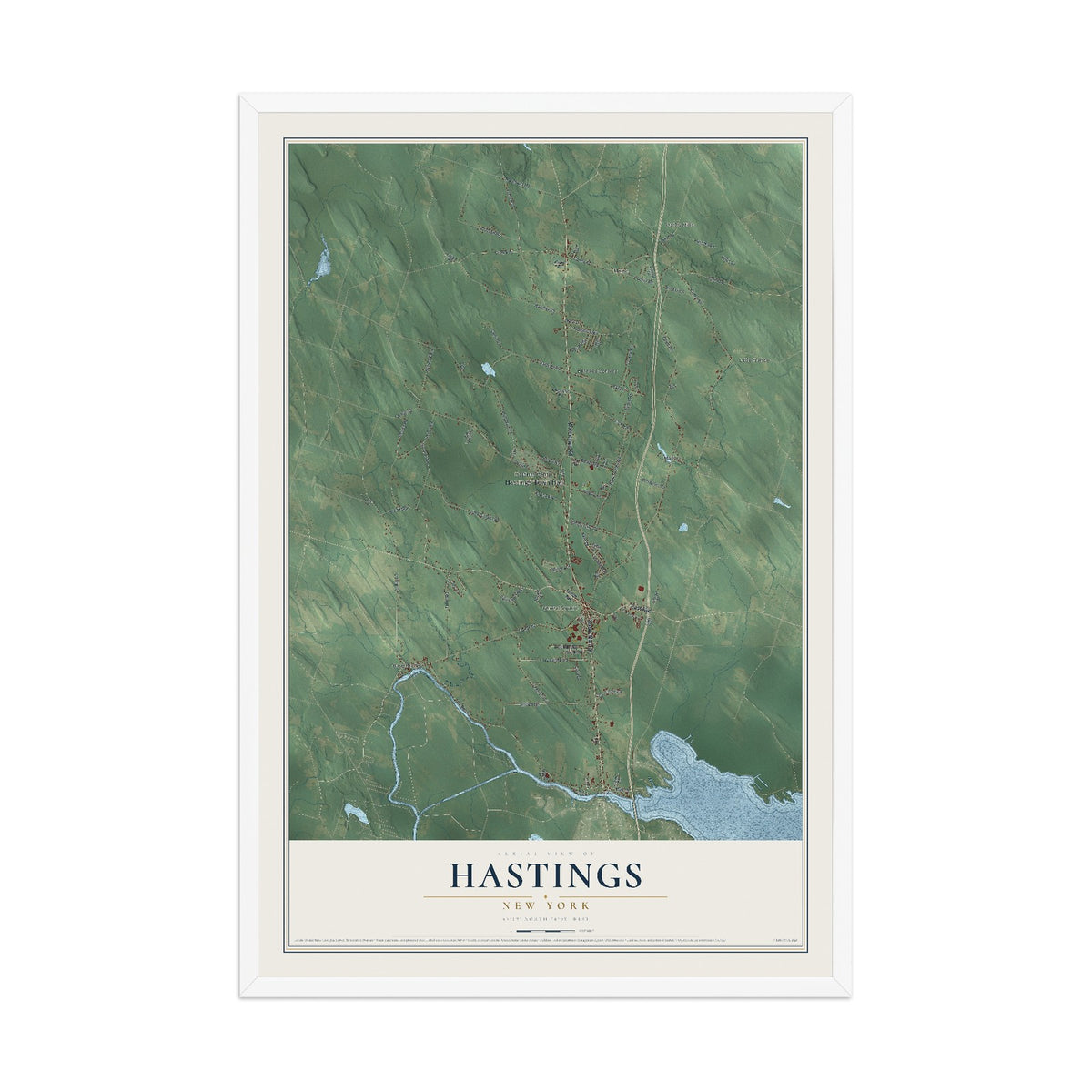 Hastings, New York map print, 12" x 18" W/ White Ayous Wood Frame mockup