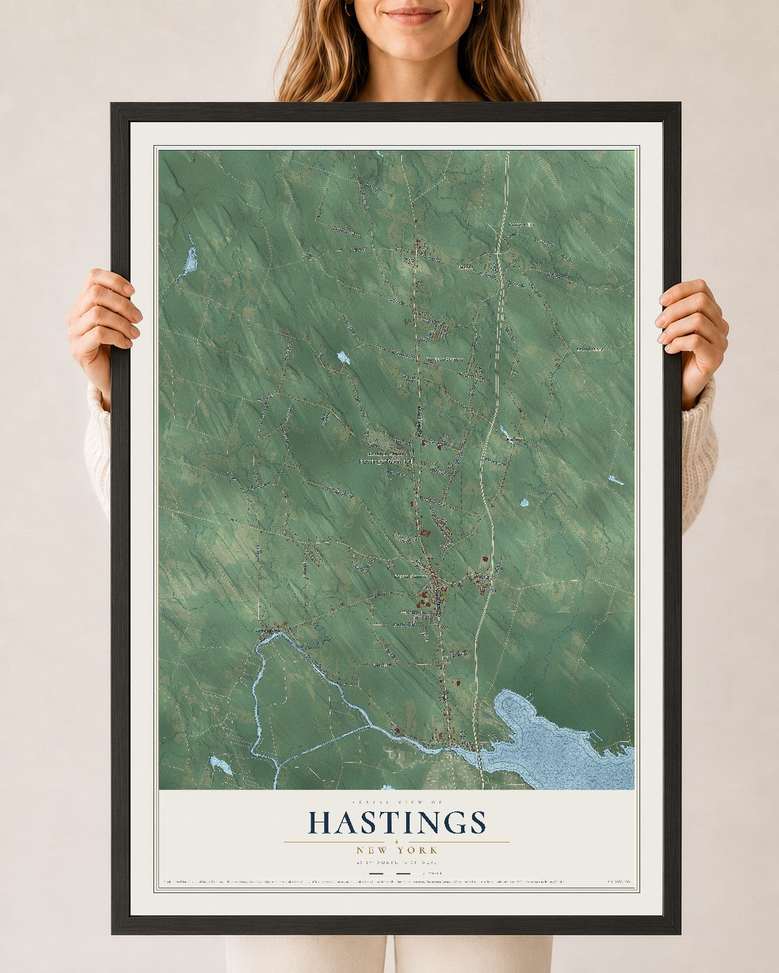 Hastings, New York map print, 24" x 36" W/ Black Ayous Wood Frame mockup