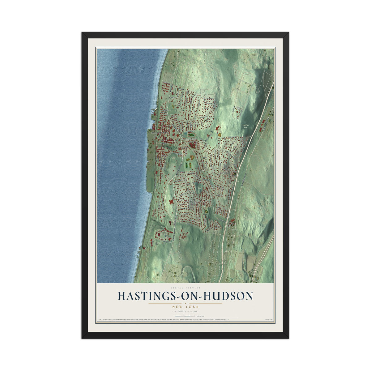 Hastings-on-Hudson, New York map print, 12" x 18" W/ Black Ayous Wood Frame mockup