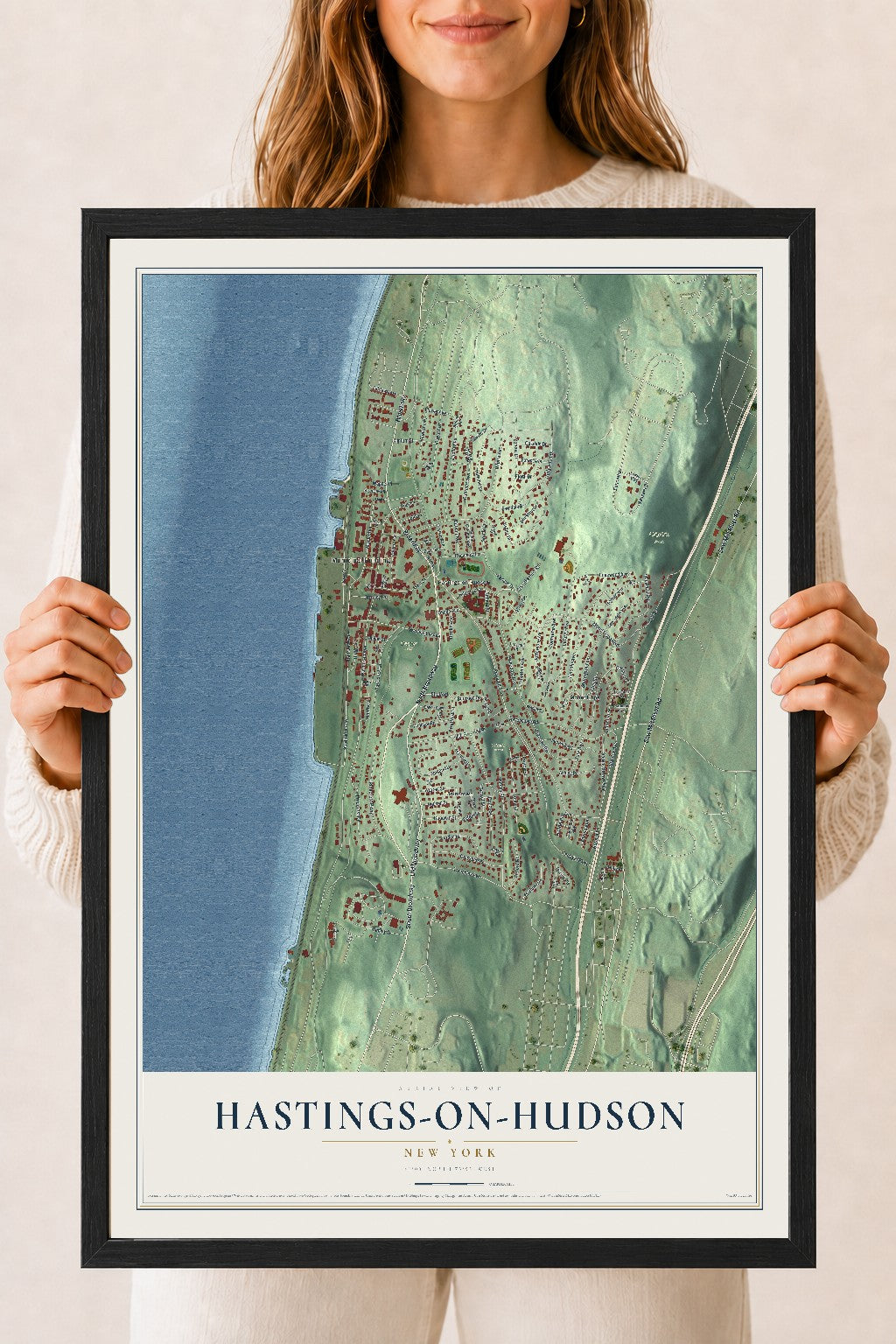 Hastings-on-Hudson, New York map print, 18" x 24" W/ Black Ayous Wood Frame mockup