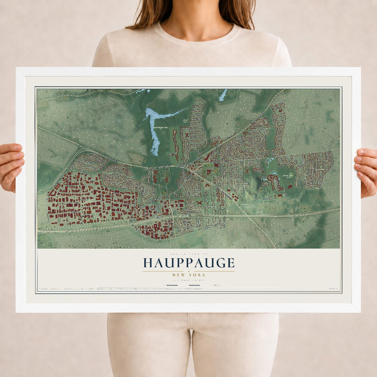 Hauppauge, New York map print, 18" x 24" W/ White Ayous Wood Frame mockup
