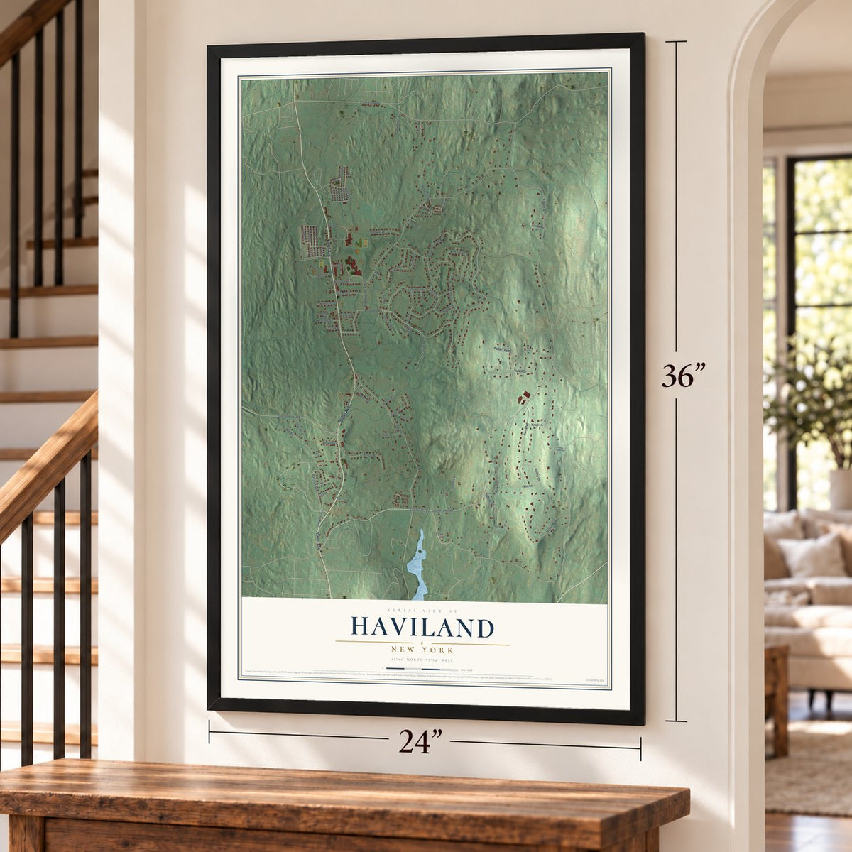 Haviland, New York map, 24 x 36 inch print in a black frame by a staircase