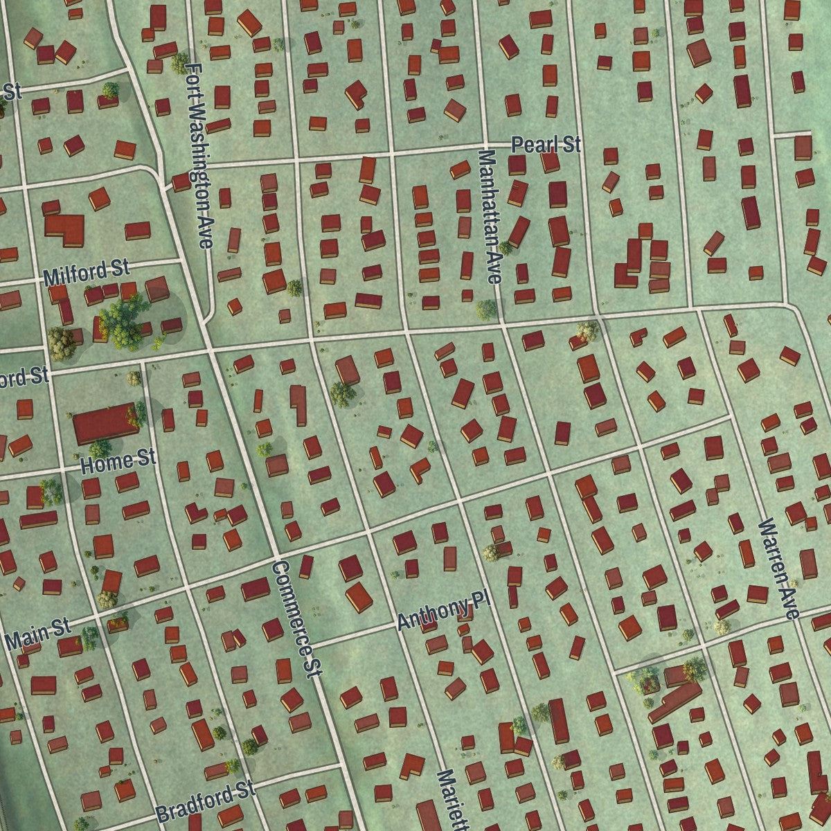 Close-up of the map of Hawthorne, New York print showing street and building detail