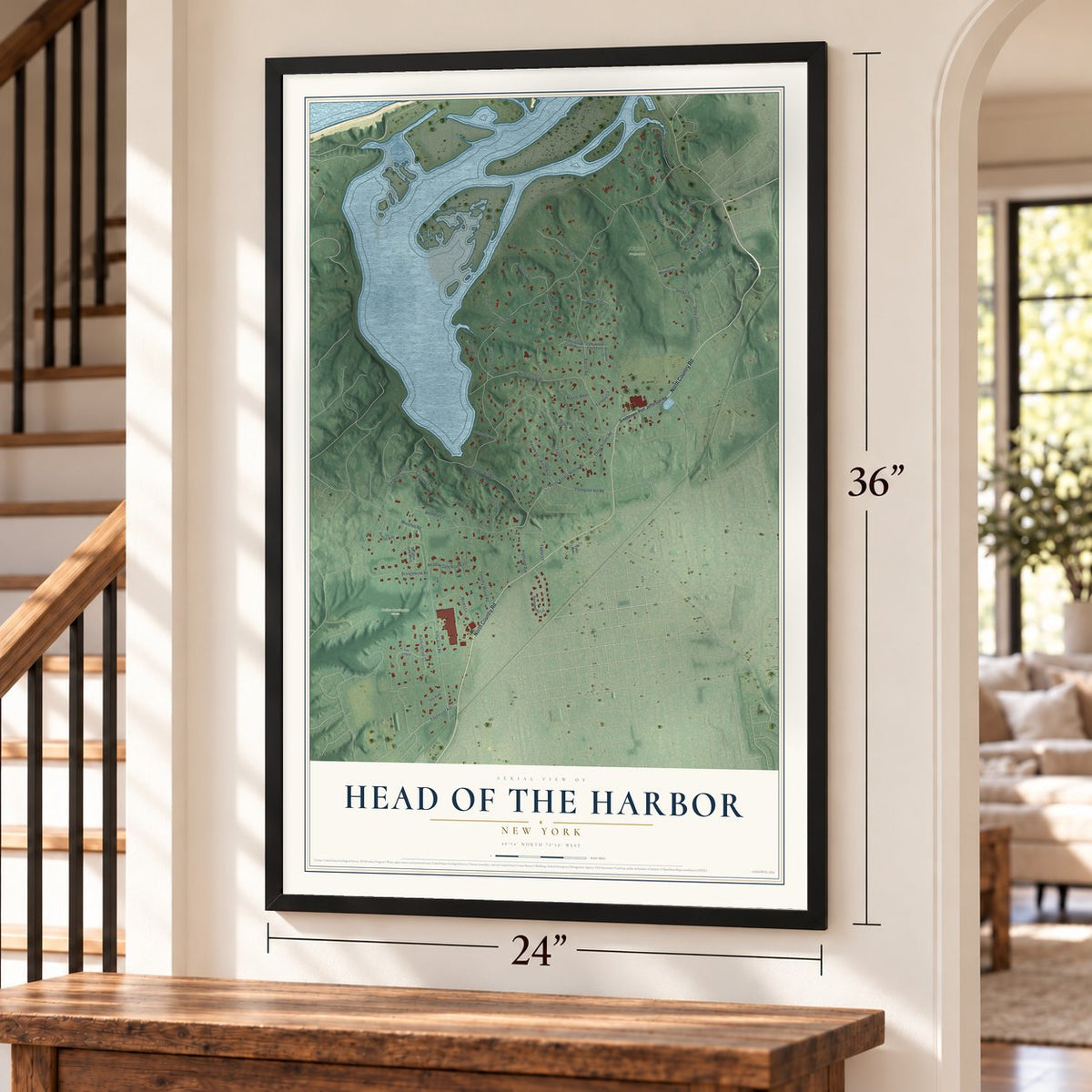 Head of the Harbor, New York map, 24 x 36 inch print in a black frame by a staircase