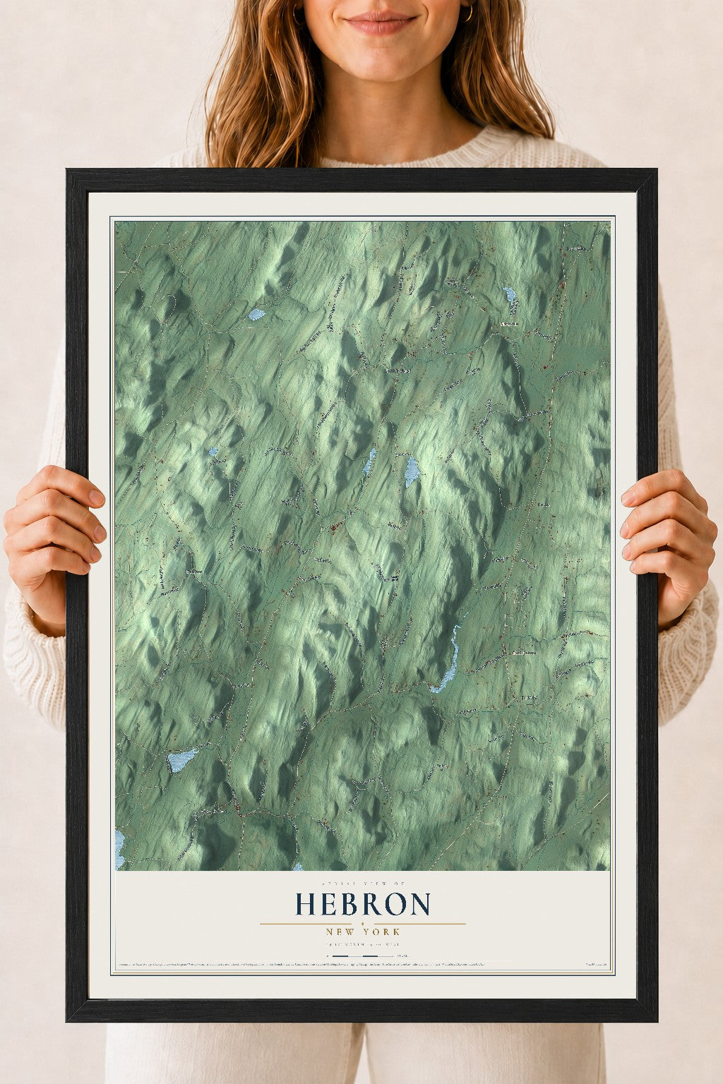 Hebron, New York map print, 18" x 24" W/ Black Ayous Wood Frame mockup
