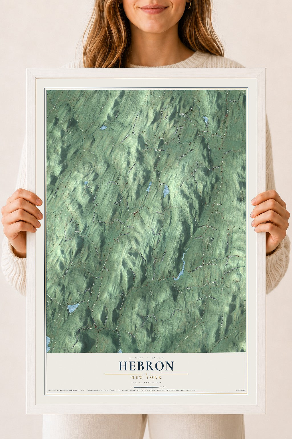 Hebron, New York map print, 18" x 24" W/ White Ayous Wood Frame mockup