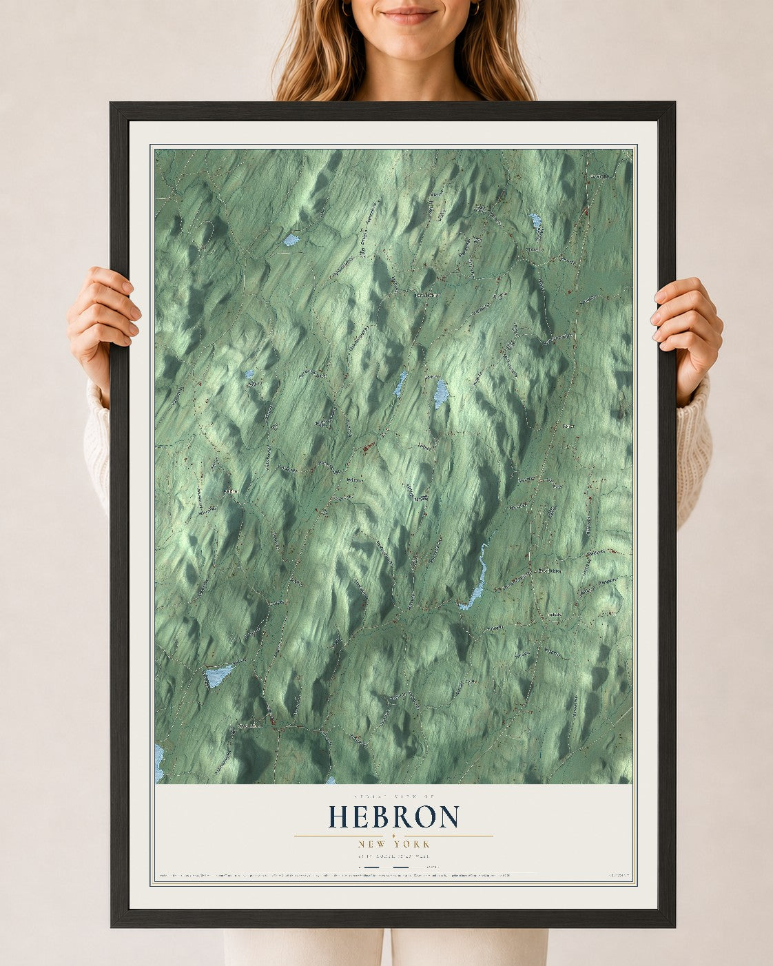Hebron, New York map print, 24" x 36" W/ Black Ayous Wood Frame mockup