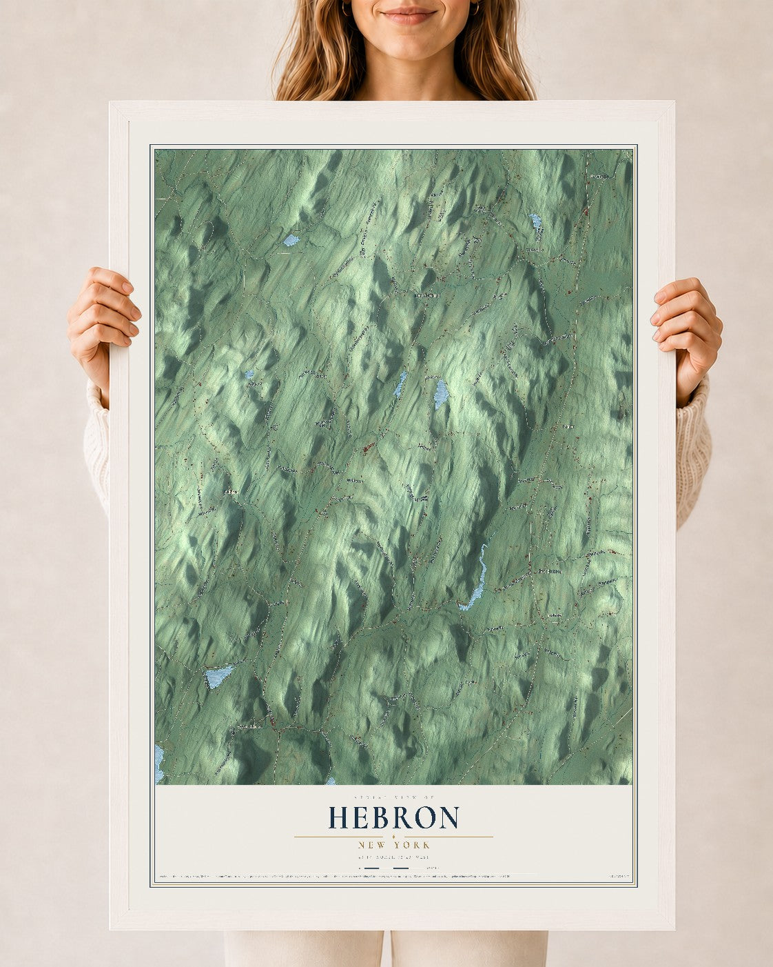 Hebron, New York map print, 24" x 36" W/ White Ayous Wood Frame mockup