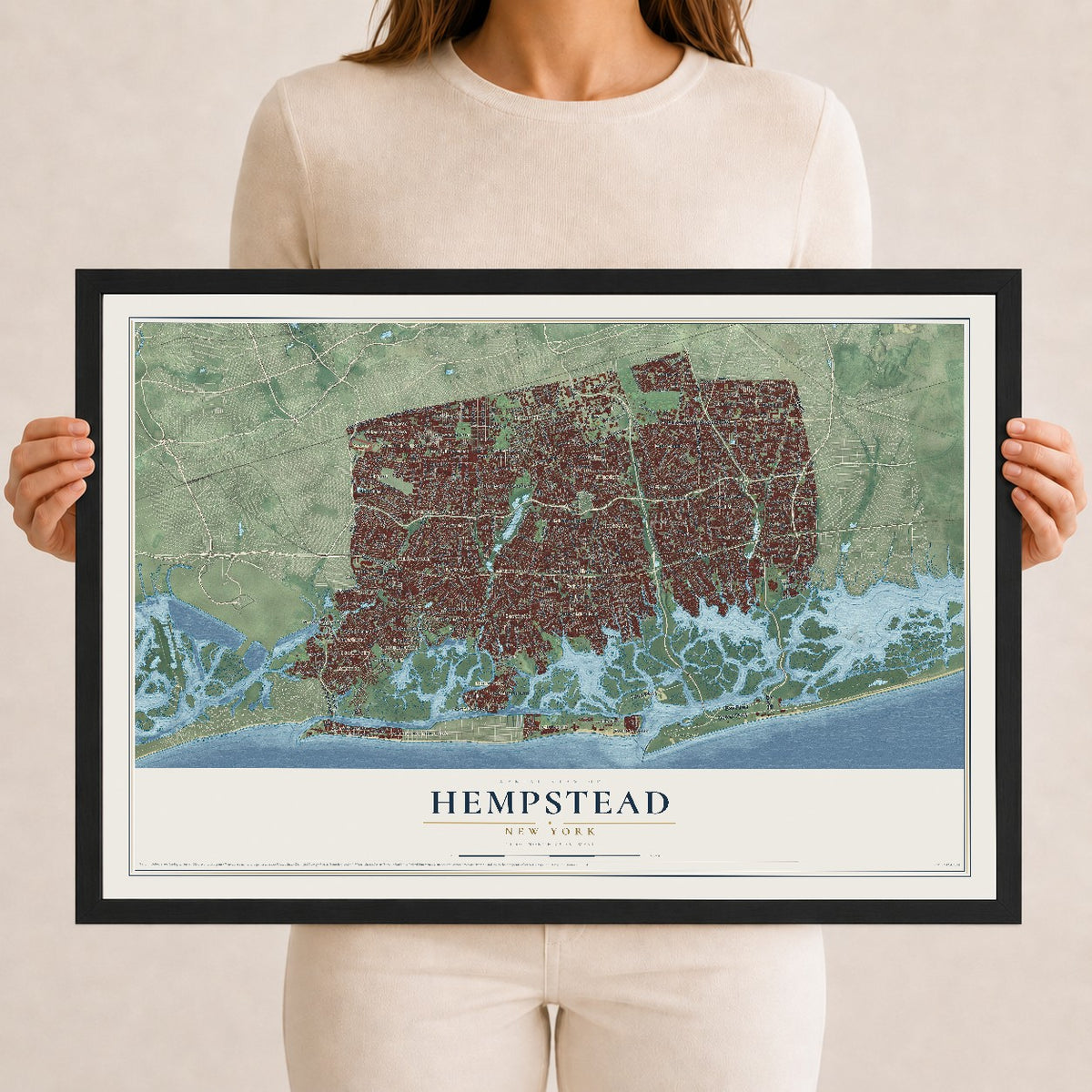 Hempstead, New York map print, 12" x 18" W/ Black Ayous Wood Frame mockup