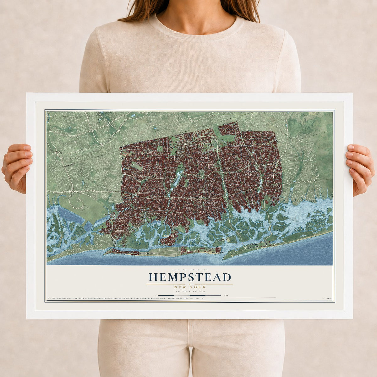 Hempstead, New York map print, 12" x 18" W/ White Ayous Wood Frame mockup