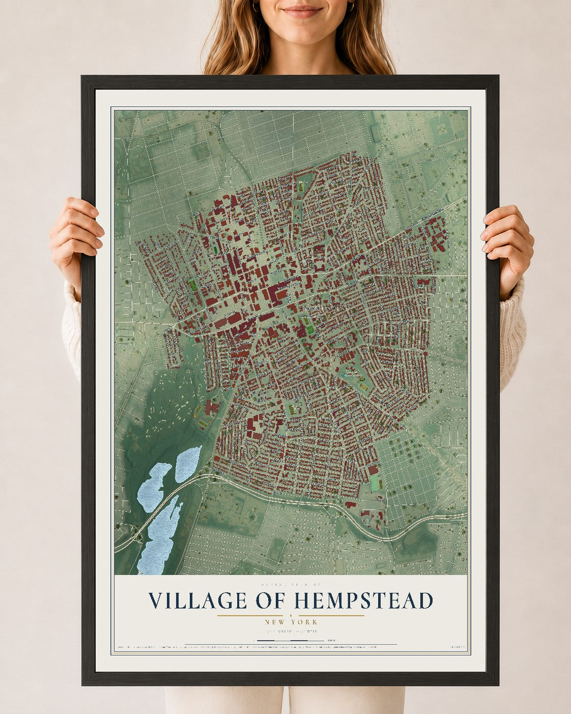 Hempstead, New York map print, 24" x 36" W/ Black Ayous Wood Frame mockup