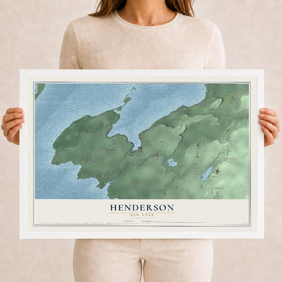 Henderson, New York map print, 12" x 18" W/ White Ayous Wood Frame mockup