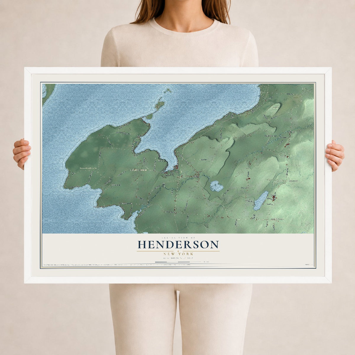 Henderson, New York map print, 24" x 36" W/ White Ayous Wood Frame mockup