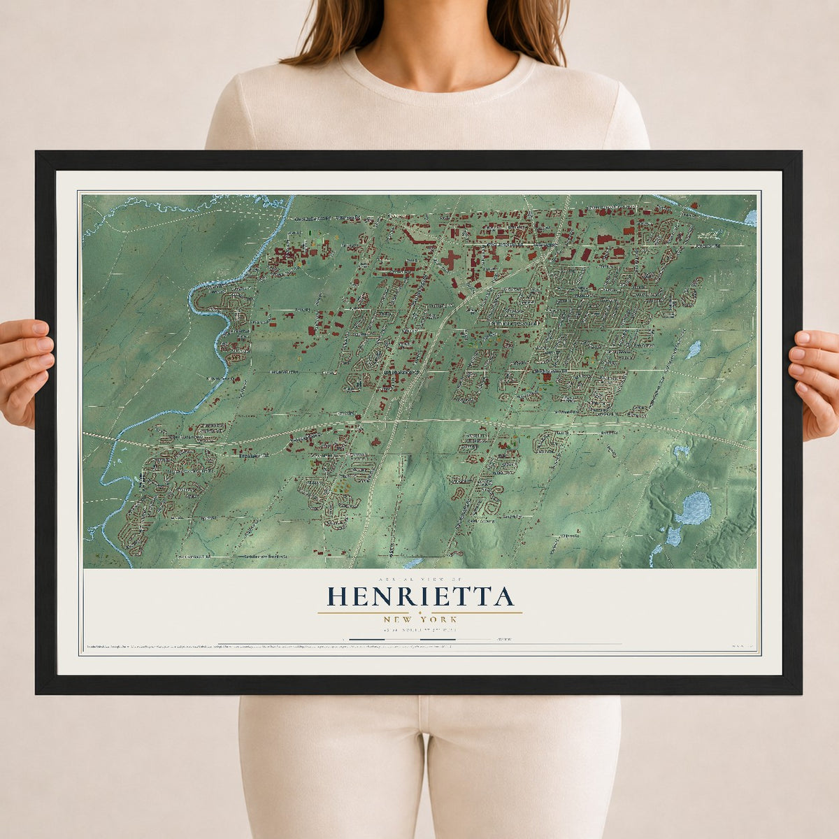 Henrietta, New York map print, 18" x 24" W/ Black Ayous Wood Frame mockup