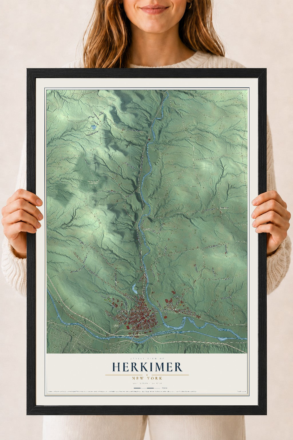Herkimer, New York map print, 18" x 24" W/ Black Ayous Wood Frame mockup