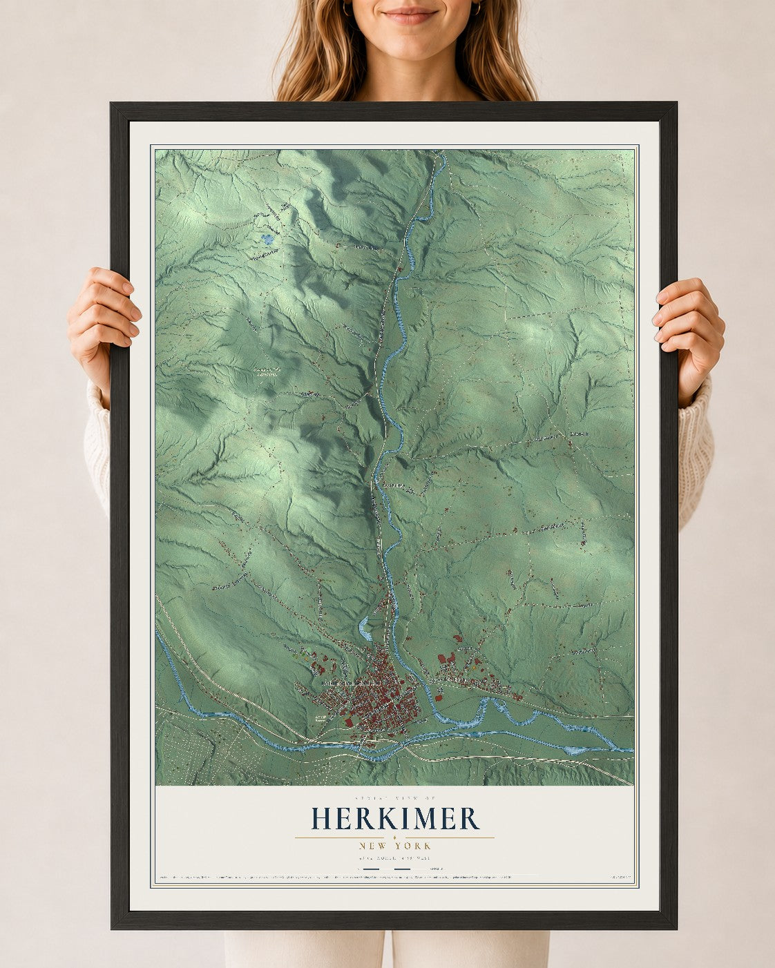Herkimer, New York map print, 24" x 36" W/ Black Ayous Wood Frame mockup