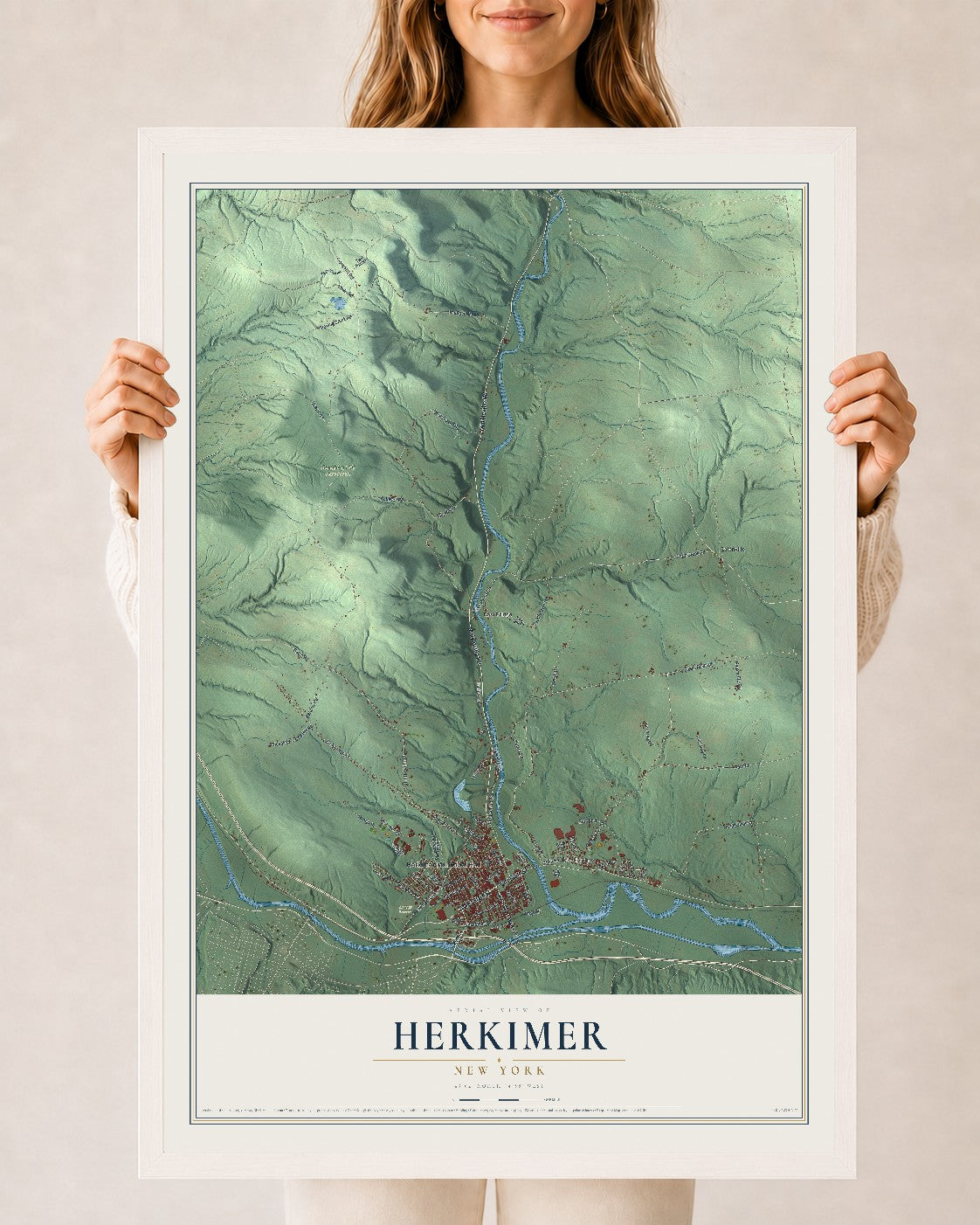 Herkimer, New York map print, 24" x 36" W/ White Ayous Wood Frame mockup