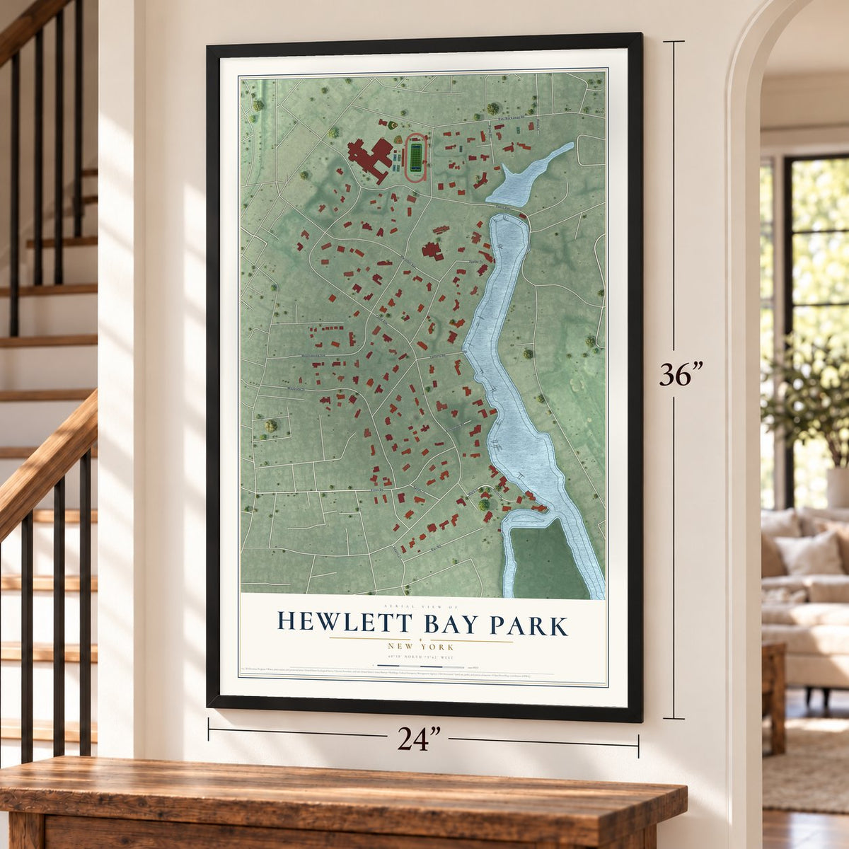 Hewlett Bay Park, New York map, 24 x 36 inch print in a black frame by a staircase