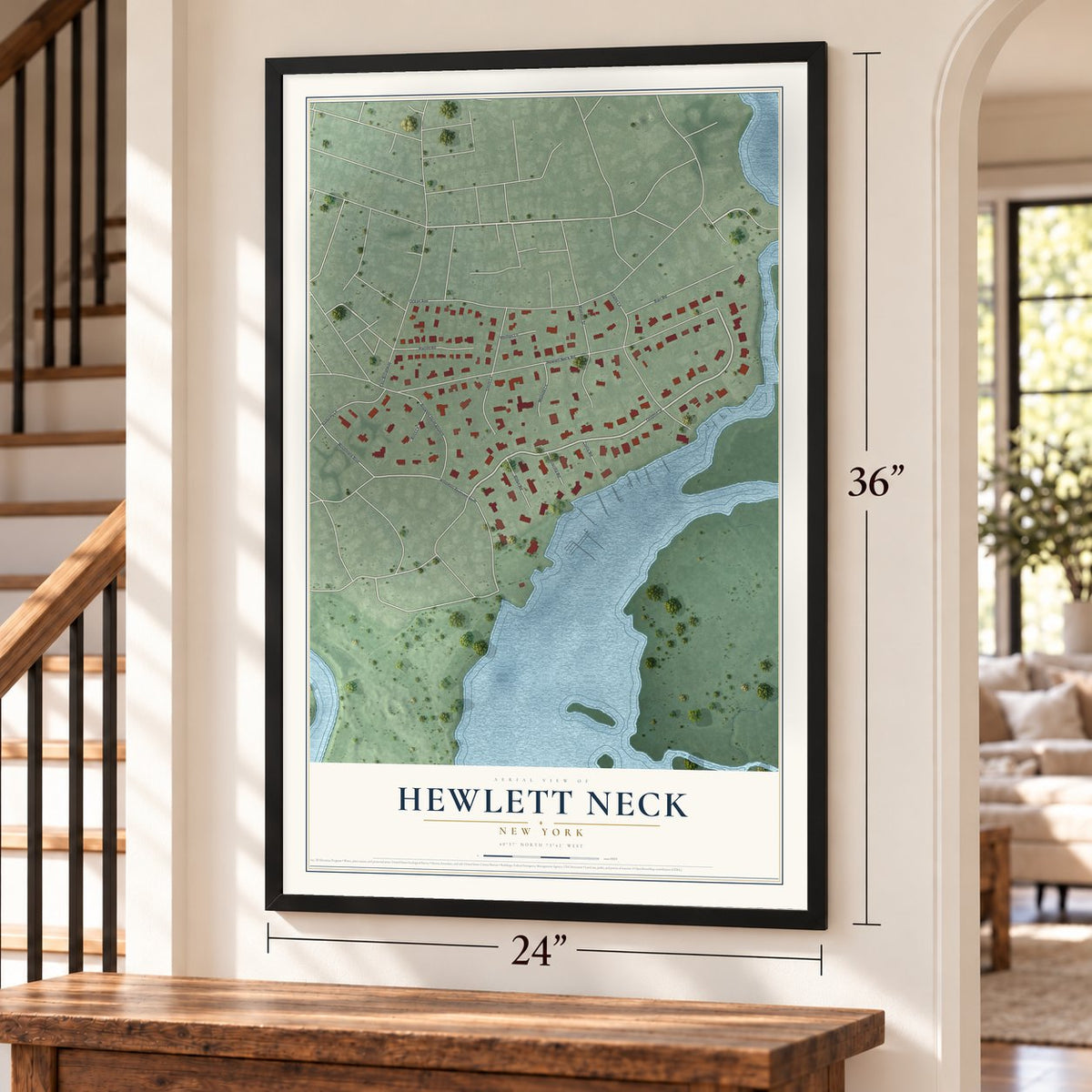Hewlett Neck, New York map, 24 x 36 inch print in a black frame by a staircase