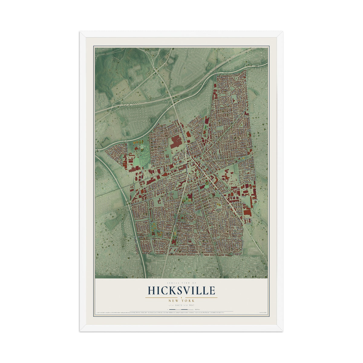 Hicksville, New York map print, 12" x 18" W/ White Ayous Wood Frame mockup