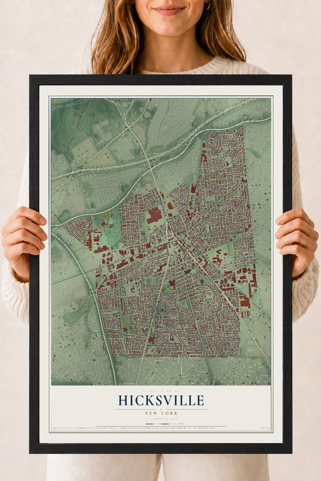 Hicksville, New York map print, 18" x 24" W/ Black Ayous Wood Frame mockup