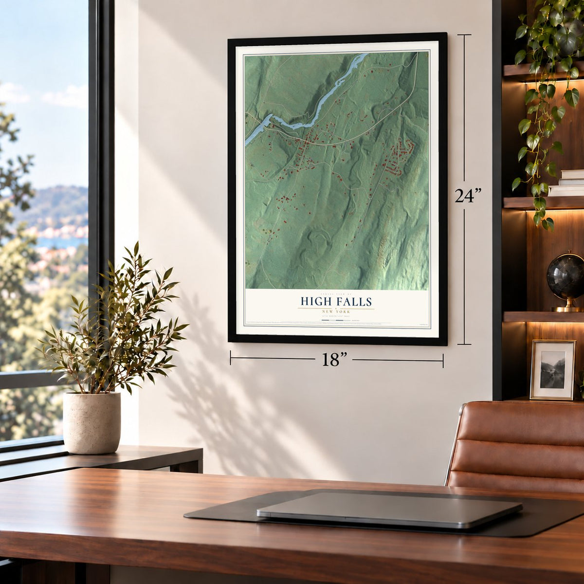 High Falls, New York map, 18 x 24 inch print in a black frame in a home office