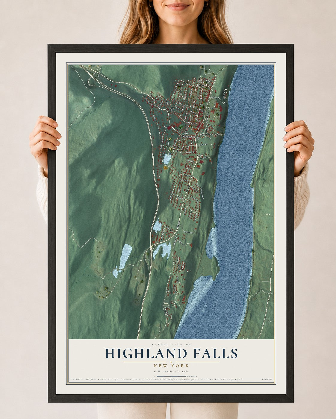 Highland Falls, New York map print, 24" x 36" W/ Black Ayous Wood Frame mockup
