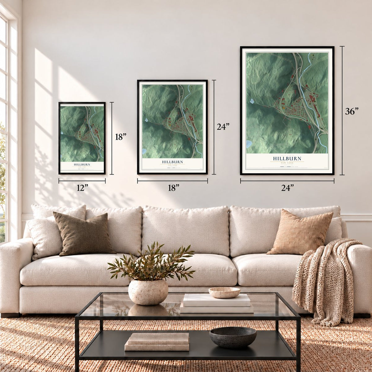 Hillburn, New York map in 12 x 18, 18 x 24 and 24 x 36 inch sizes above a sofa