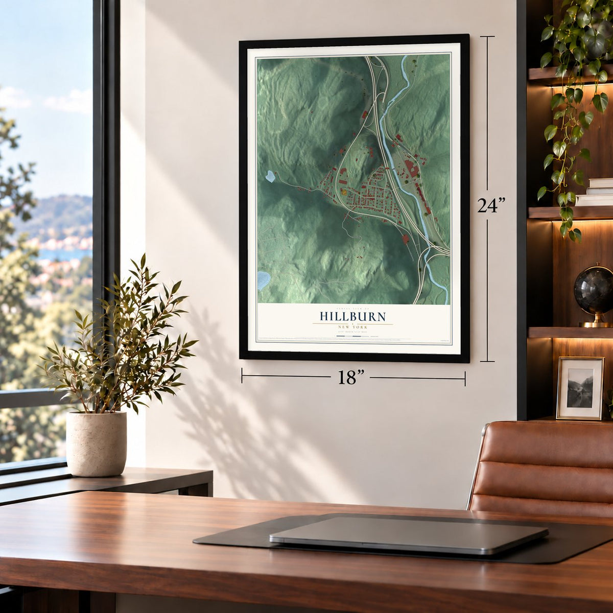 Hillburn, New York map, 18 x 24 inch print in a black frame in a home office
