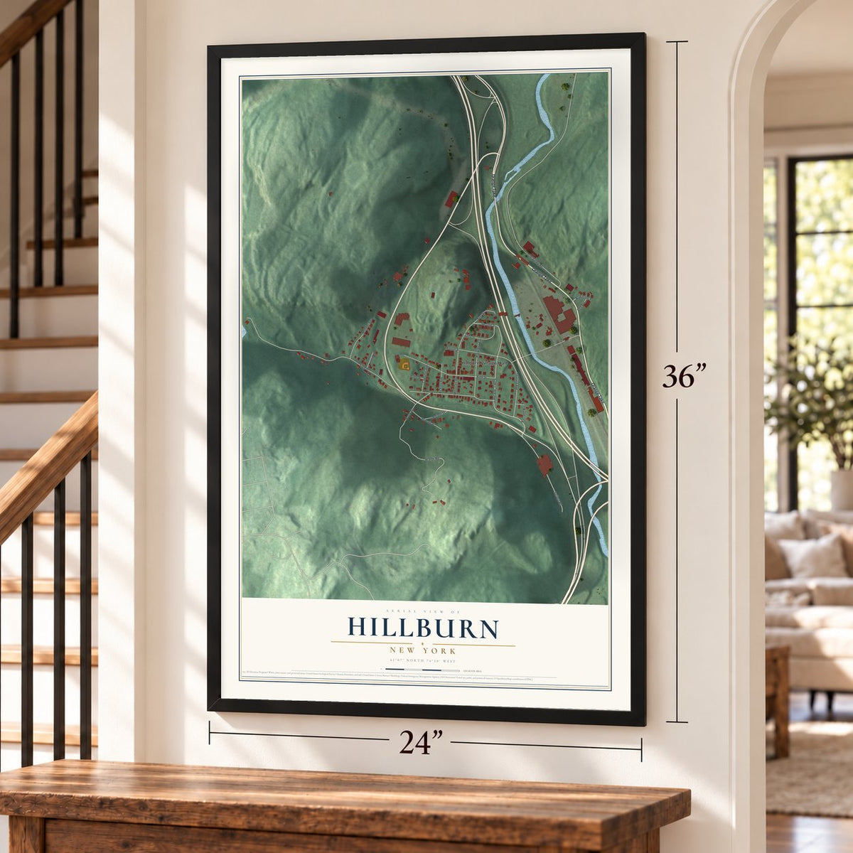 Hillburn, New York map, 24 x 36 inch print in a black frame by a staircase