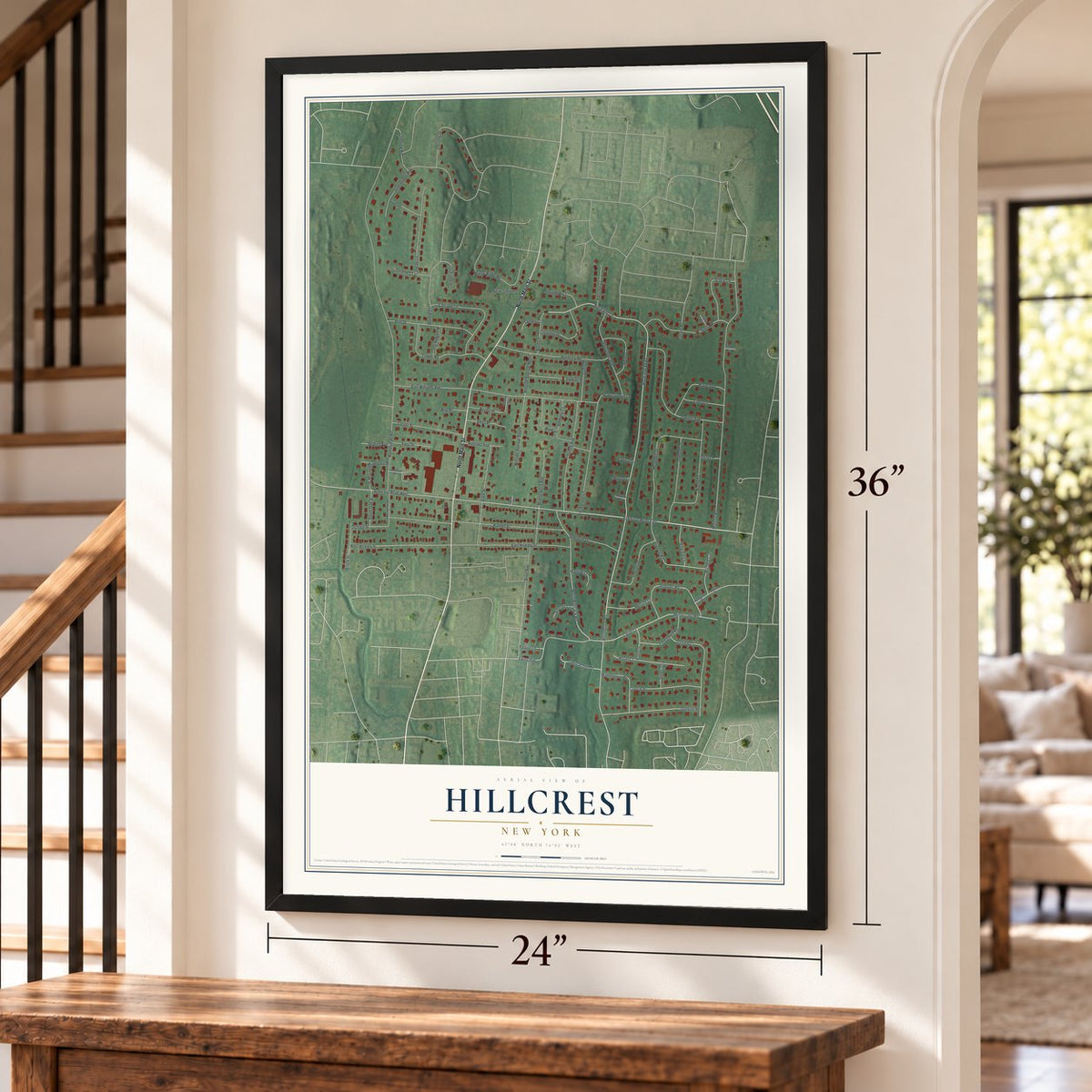 Hillcrest, New York map, 24 x 36 inch print in a black frame by a staircase