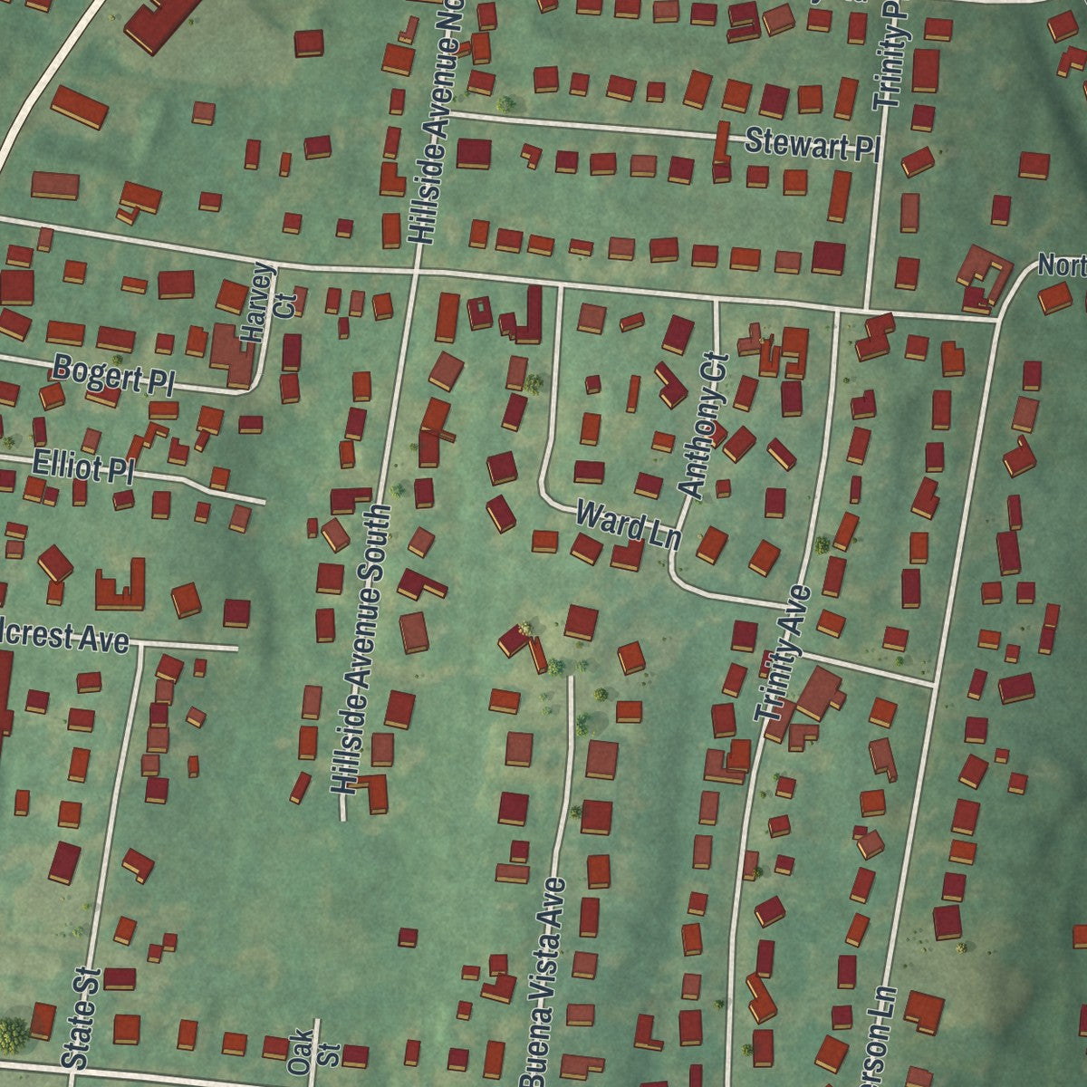 Close-up of the map of Hillcrest, New York print showing street and building detail
