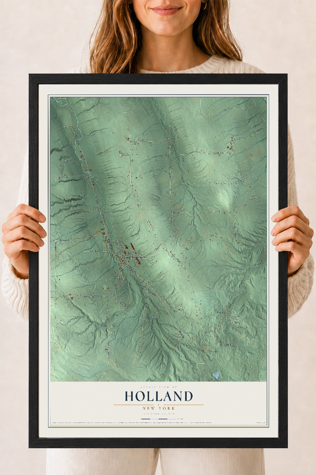 Holland, New York map print, 18" x 24" W/ Black Ayous Wood Frame mockup