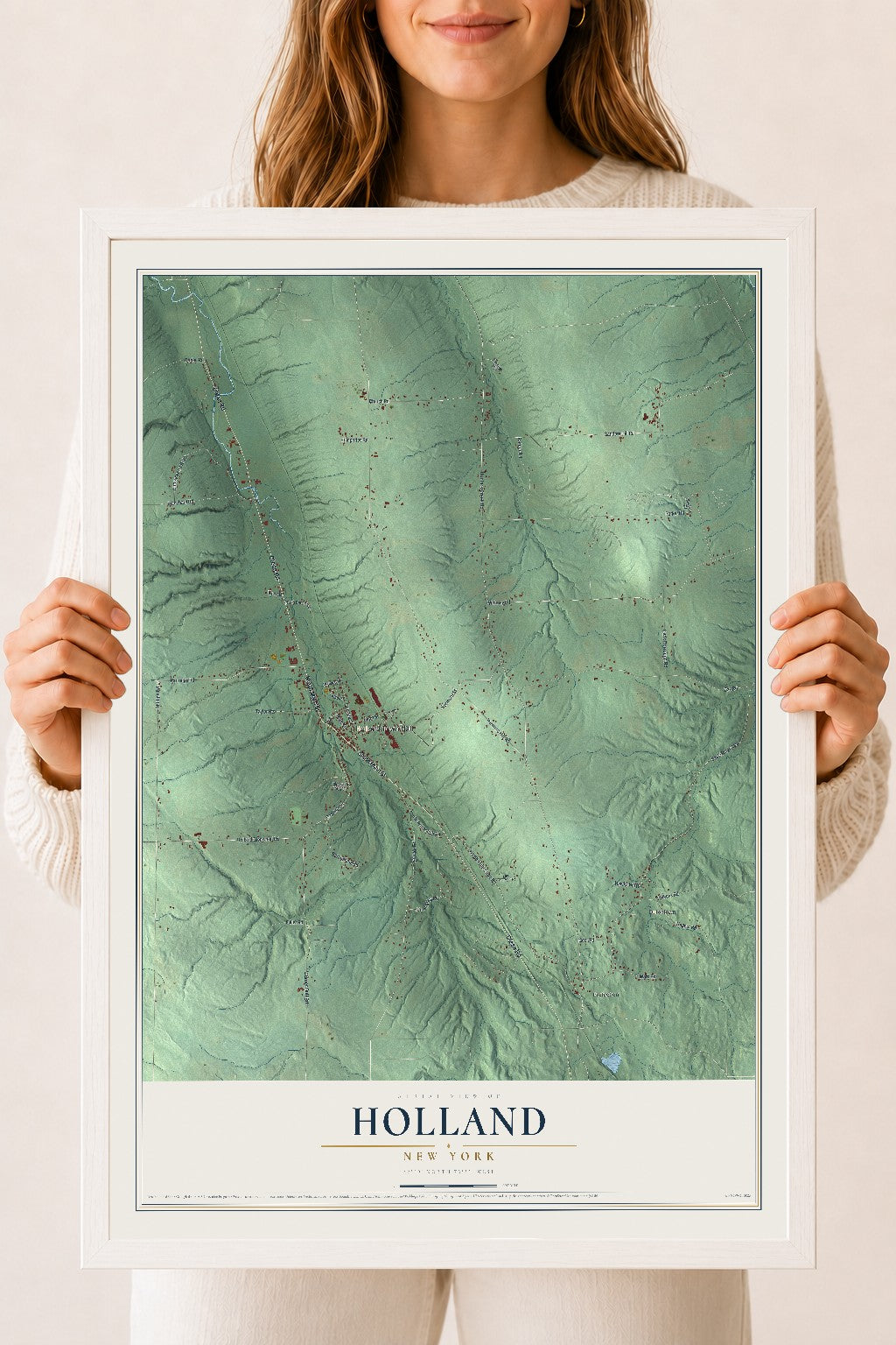 Holland, New York map print, 18" x 24" W/ White Ayous Wood Frame mockup
