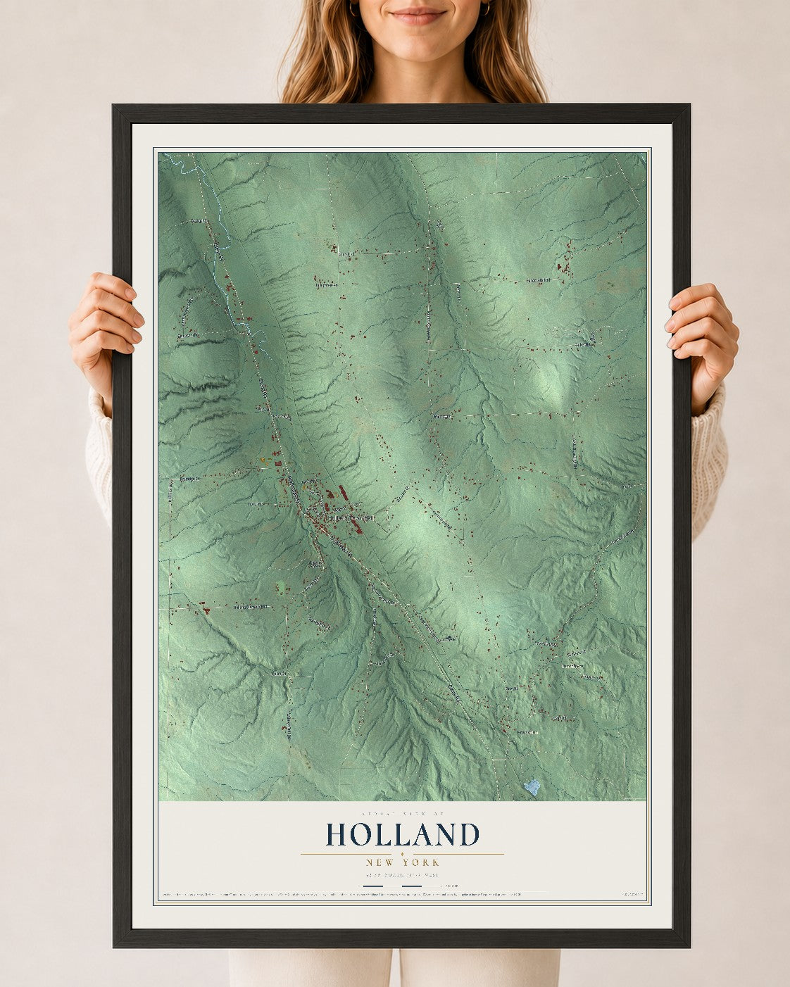 Holland, New York map print, 24" x 36" W/ Black Ayous Wood Frame mockup