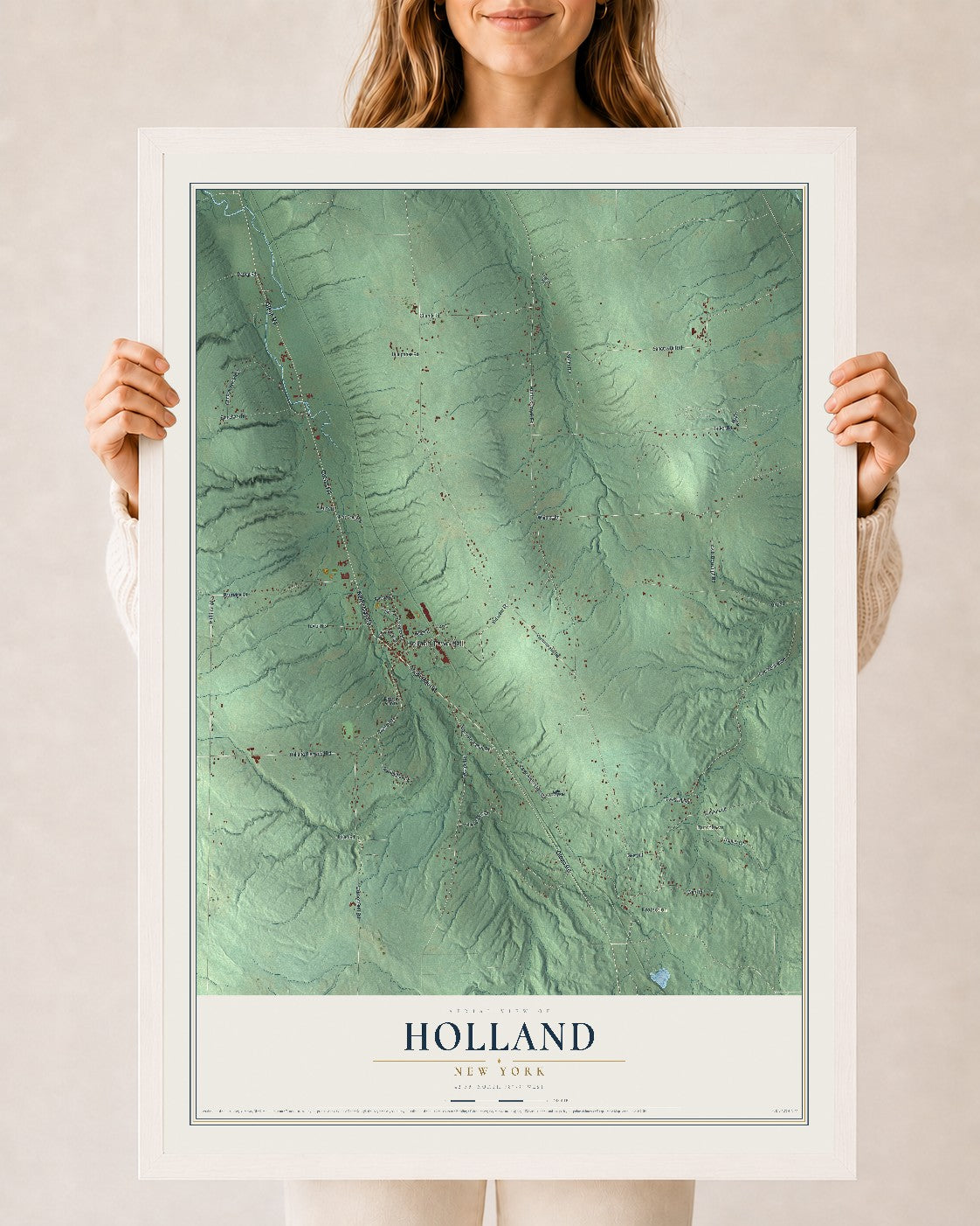 Holland, New York map print, 24" x 36" W/ White Ayous Wood Frame mockup