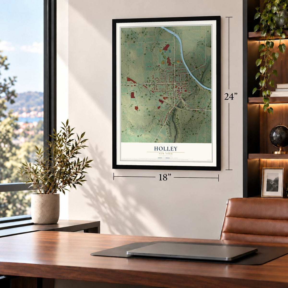 Holley, New York map, 18 x 24 inch print in a black frame in a home office