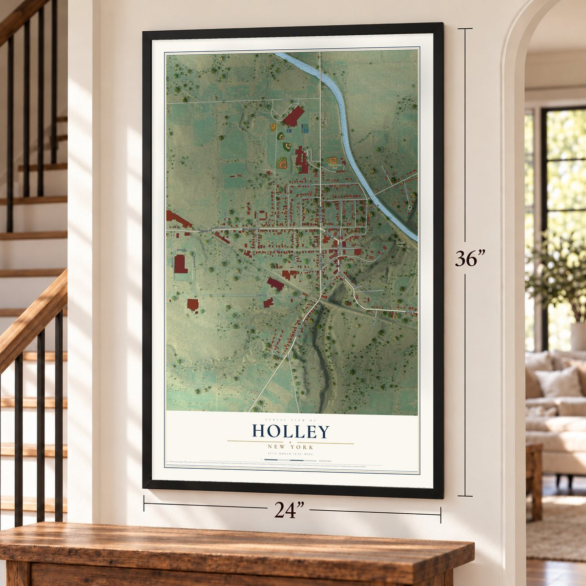 Holley, New York map, 24 x 36 inch print in a black frame by a staircase