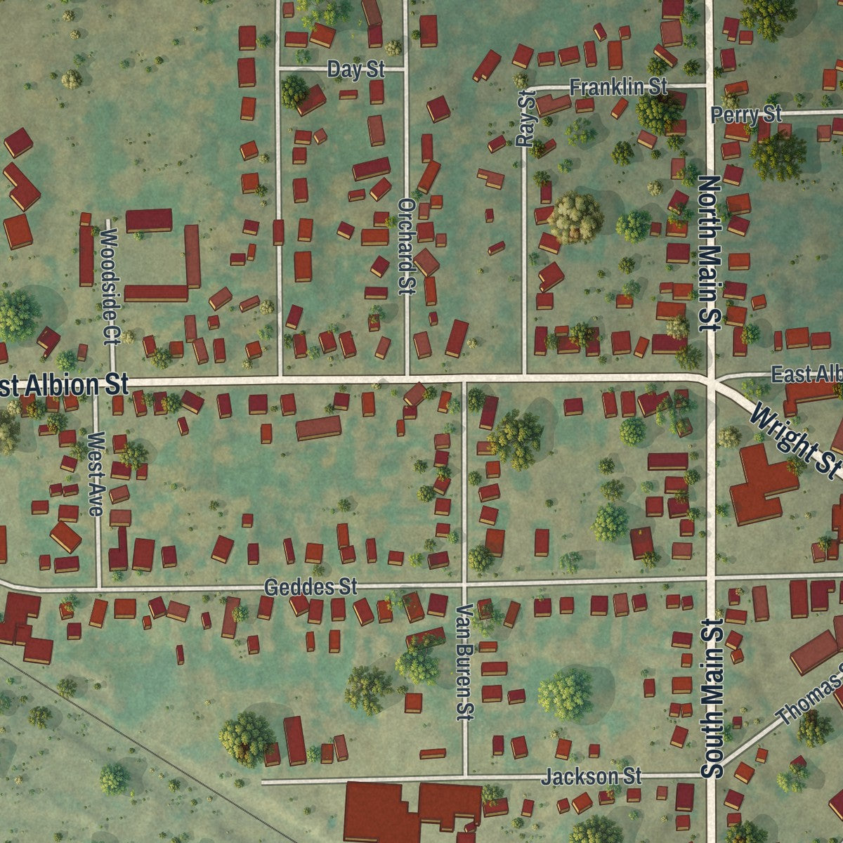 Close-up of the map of Holley, New York print showing street and building detail