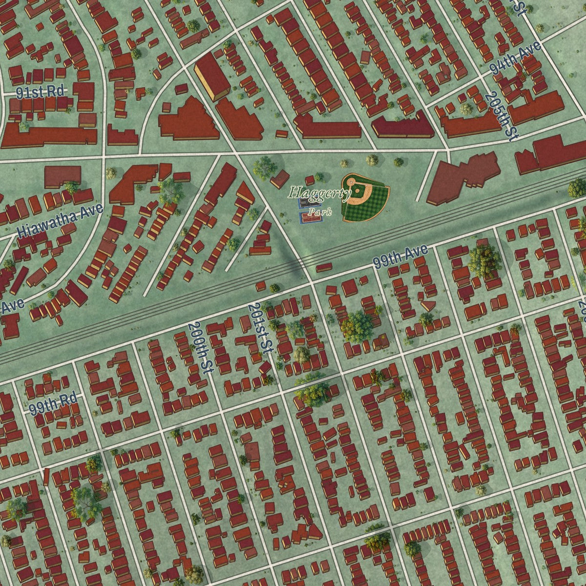 Close-up of the map of Hollis, New York print showing street and building detail
