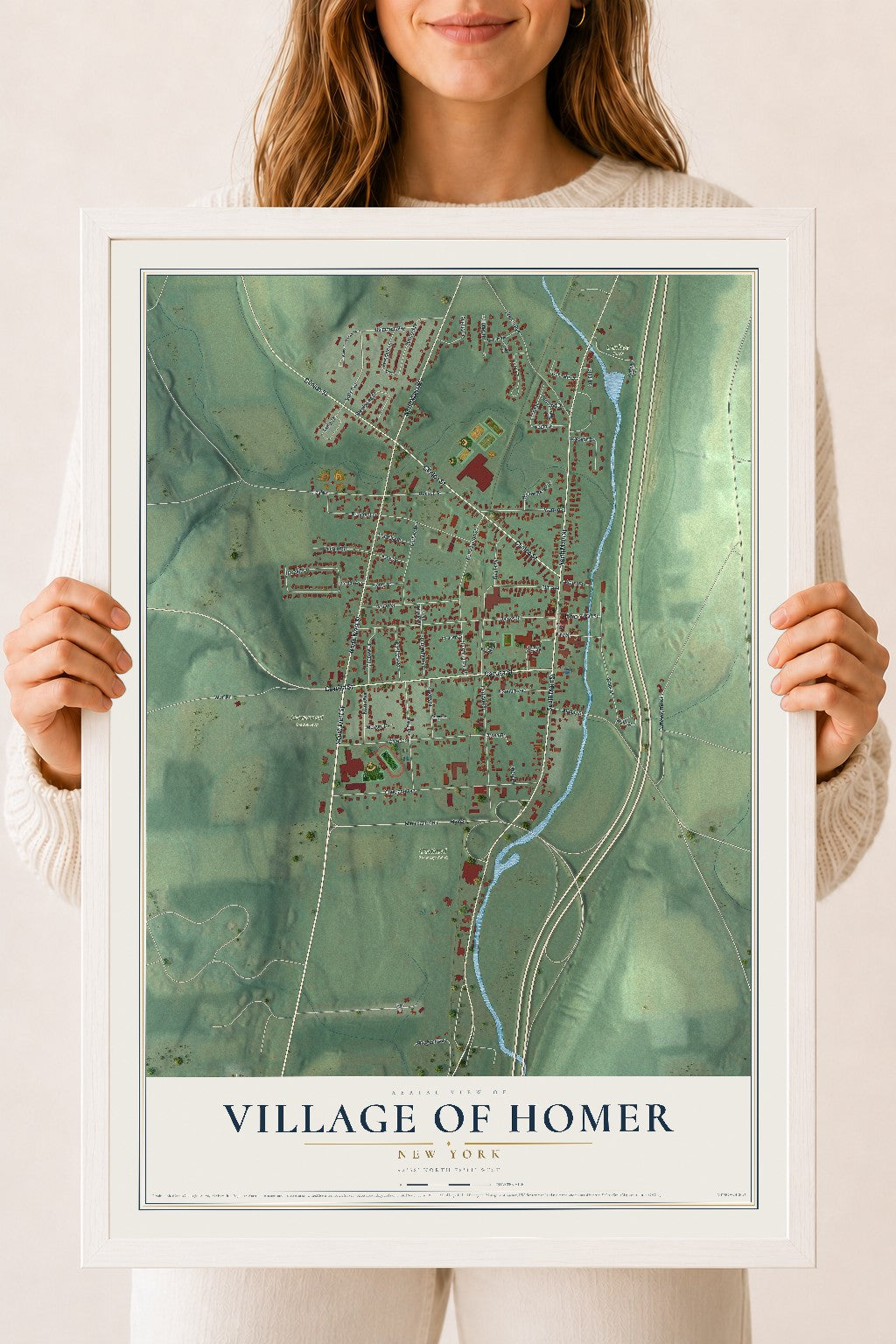 Homer, New York map print, 18" x 24" W/ White Ayous Wood Frame mockup