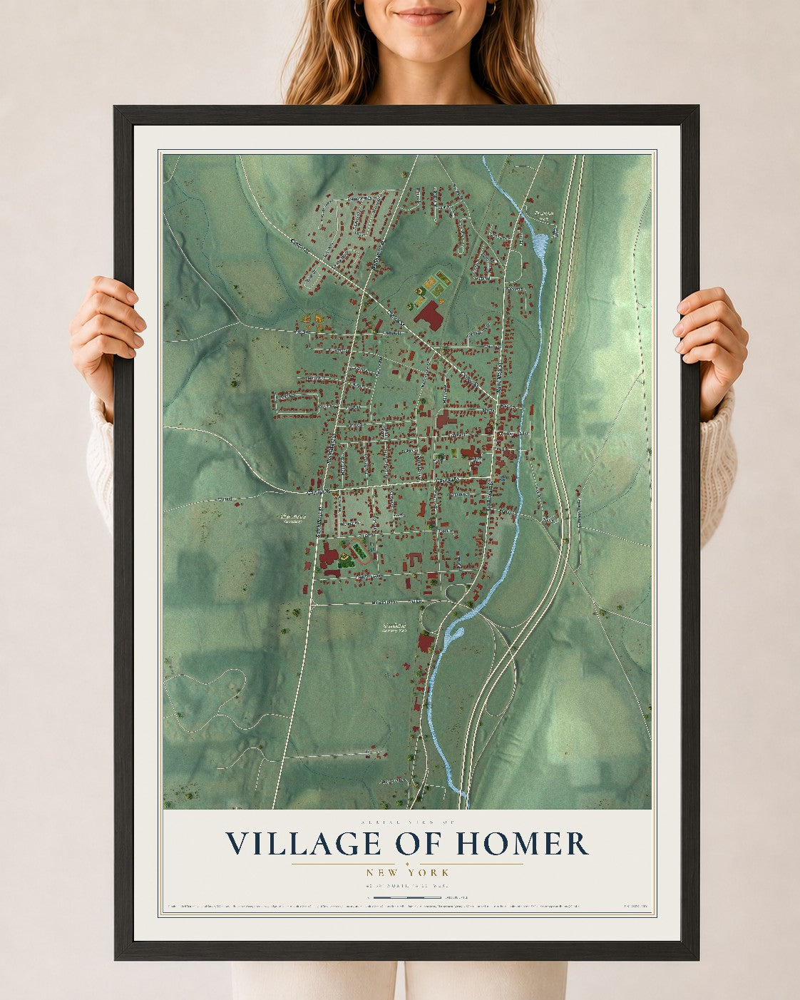 Homer, New York map print, 24" x 36" W/ Black Ayous Wood Frame mockup