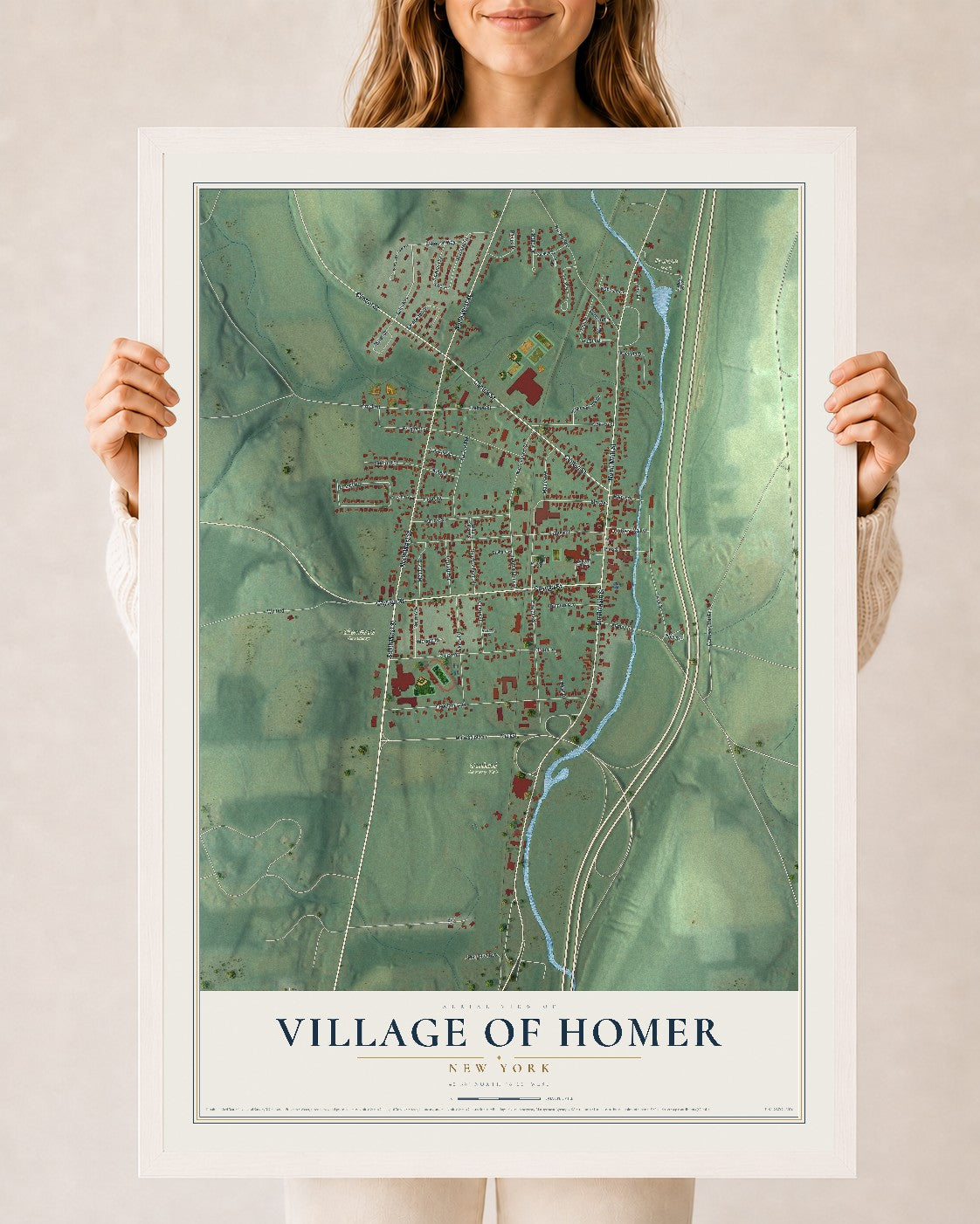 Homer, New York map print, 24" x 36" W/ White Ayous Wood Frame mockup